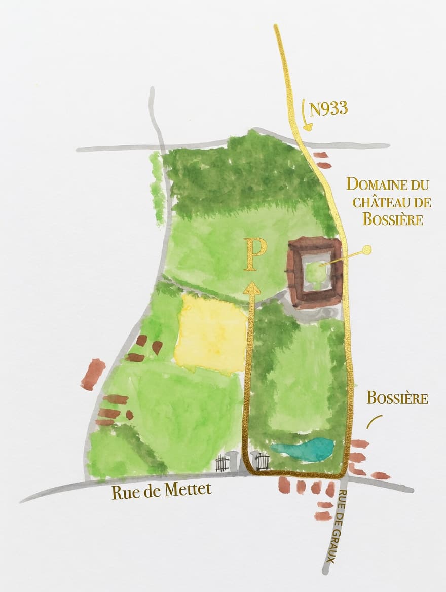 Handgetekend kaartje van de aanrijroute naar Château de Bossière, met parking en oprijlaan